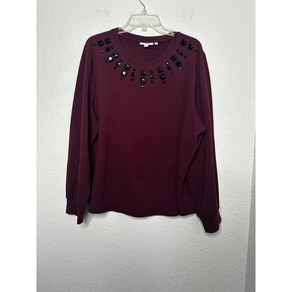 NWOT CHICO'S Maroon Embellished Long Sleeve Top Studded Neck